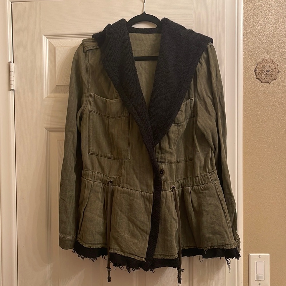 Free People Drawcord Waist Army Green Utility Jacket Black Fleece Lining